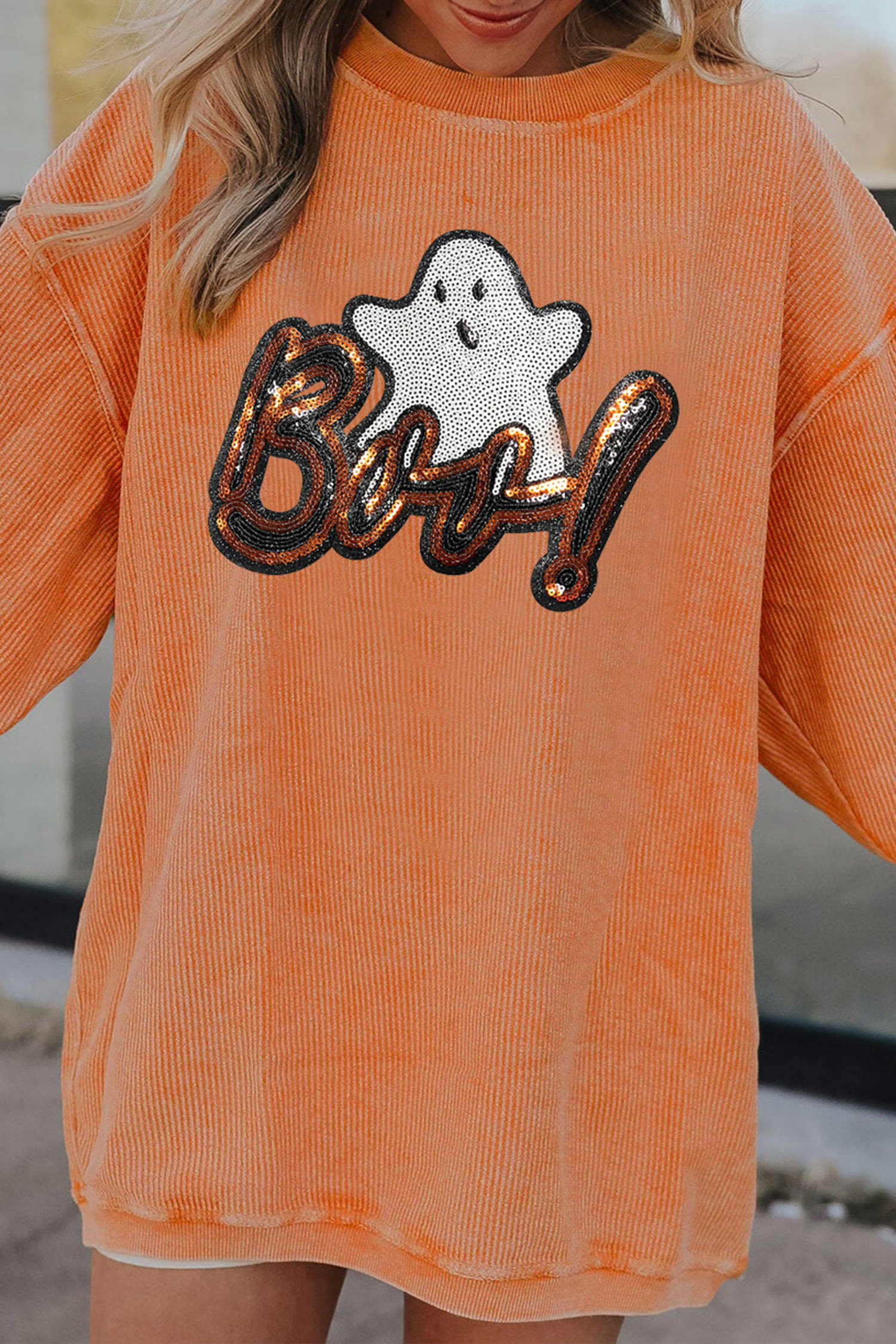 Women's Sequin Ghost Corded Pullover, Autumn Round Neck Shirt - Detail View 5