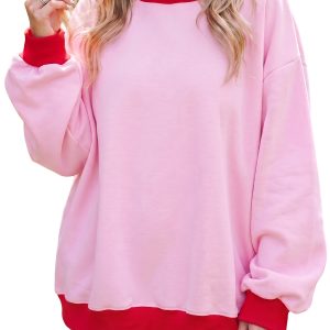 Pink Plus Size Sweatshirt, Contrast Trim Daily Casual Top - Main View