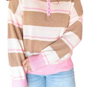 Women's Striped Polo Sweater, Casual Pink Button Up Top - Main View