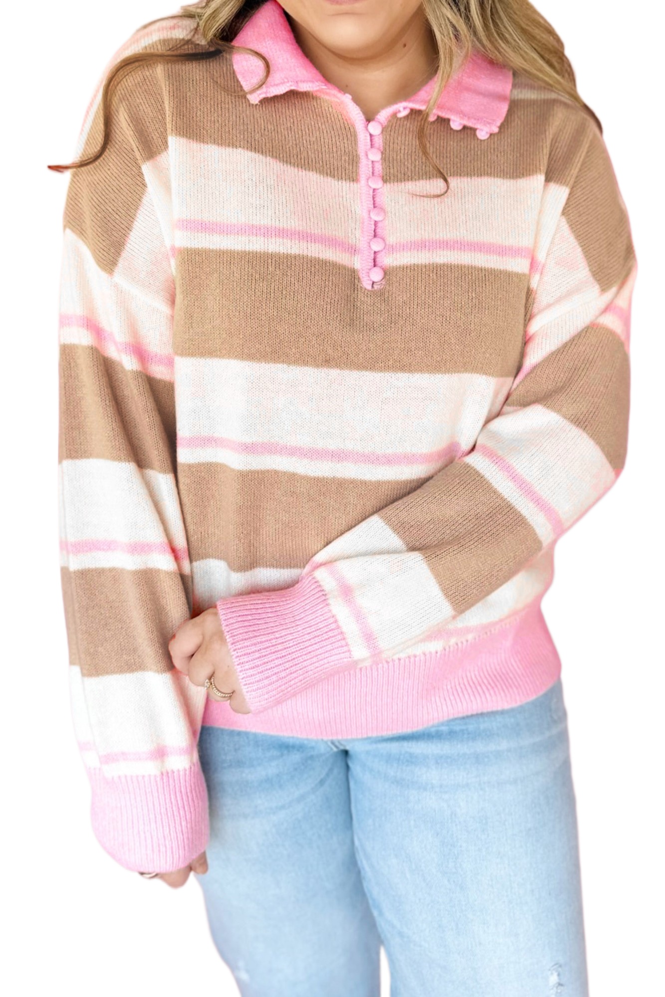 Women's Striped Polo Sweater, Casual Pink Button Up Top - Main View