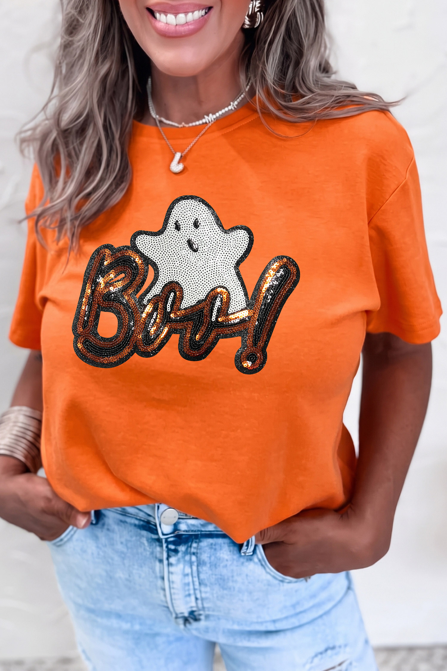 Women's Cotton Blend Ghost Tee, Soft Orange Halloween Shirt - Detail View 6