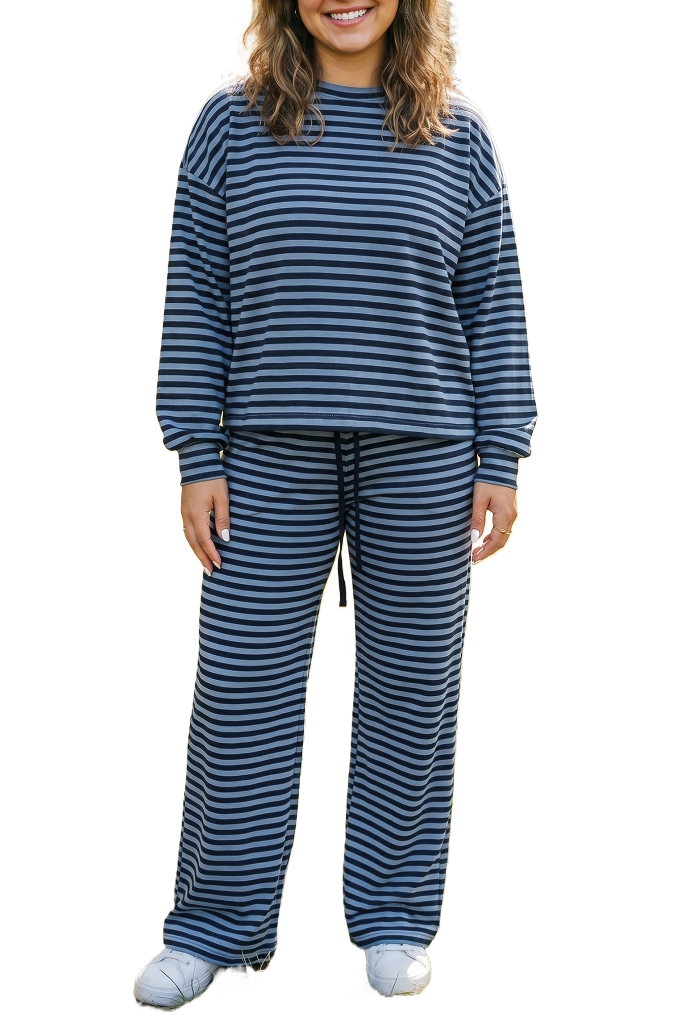 Women's Striped Lounge Set, Casual Long Sleeve Pajamas - Main View
