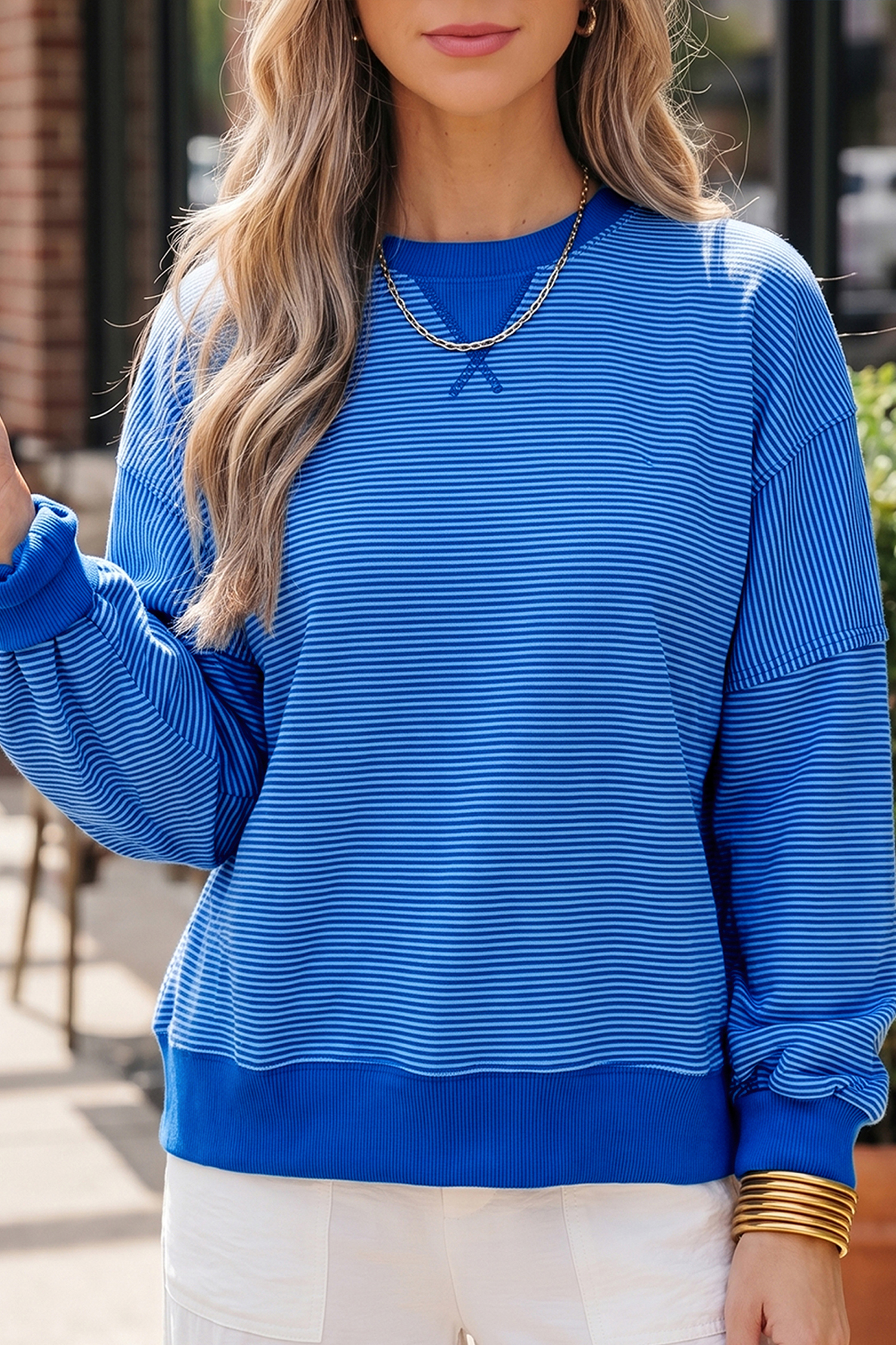 Women's Round Neck Pullover, Soft Stripe Daily Autumn Wear - Detail View 3