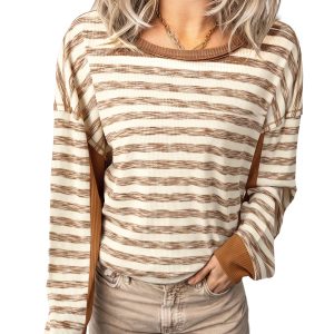 Women's Striped Knit Top, Casual Long Sleeve Fall Pullover - Main View