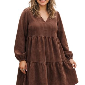 Women's Corduroy Mini Dress, Coffee V Neck Long Sleeve - Main View