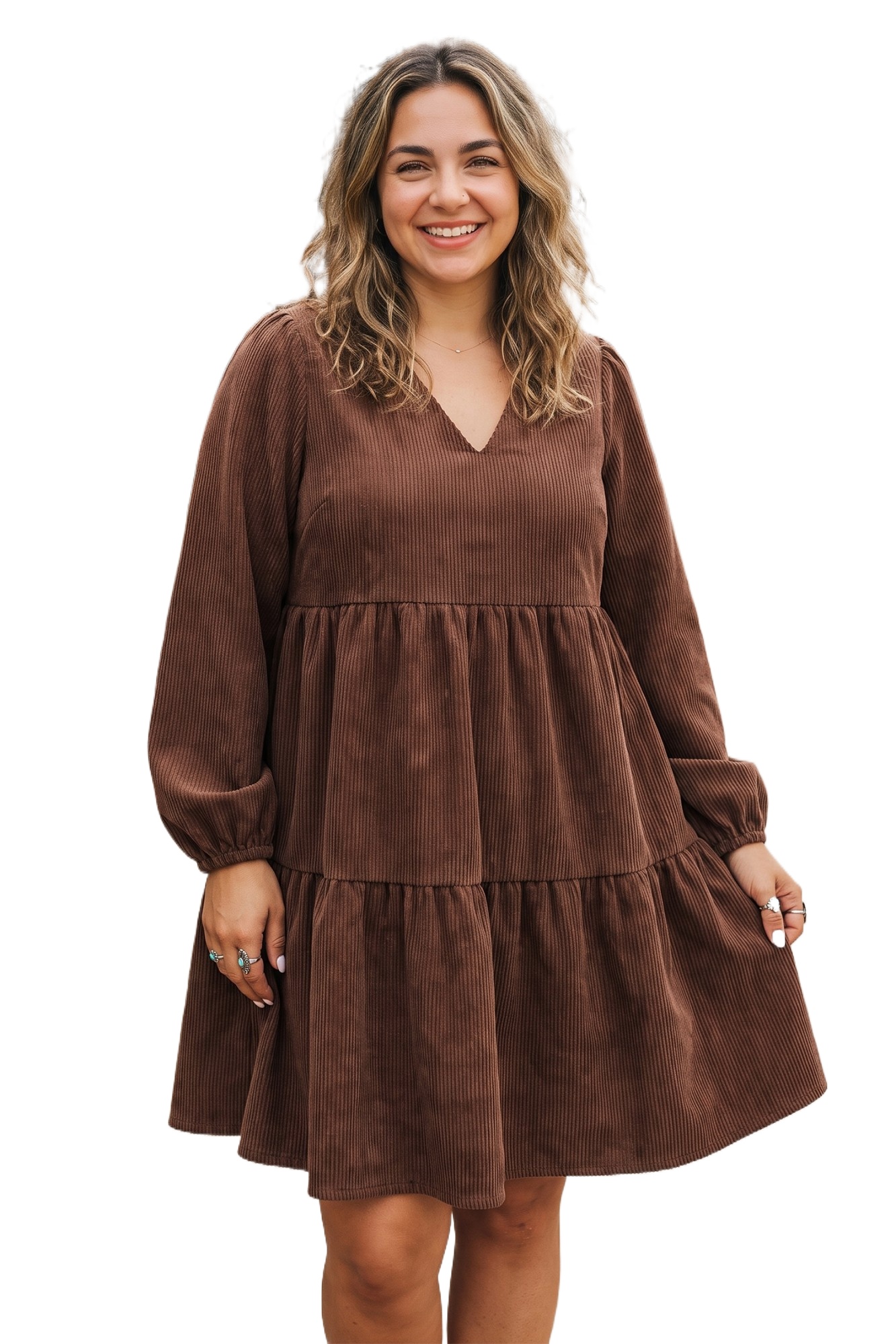 Women's Corduroy Mini Dress, Coffee V Neck Long Sleeve - Main View