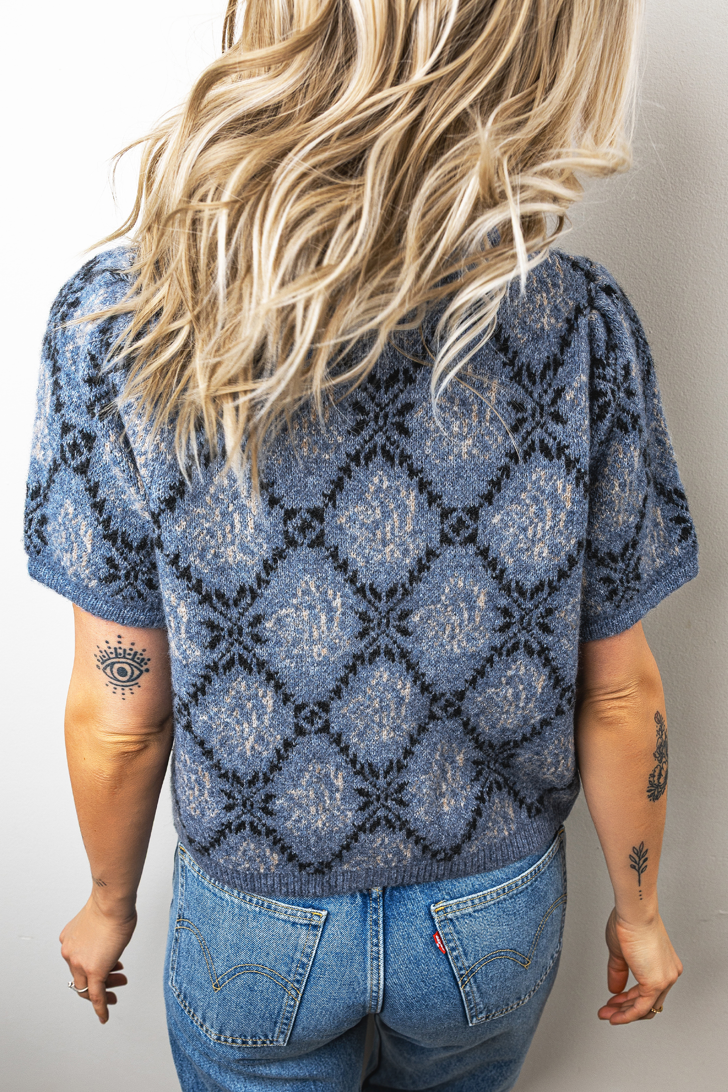 Short Sleeve Knit Cardigan, Dark Blue Boho Button Up Top - Detail View 2