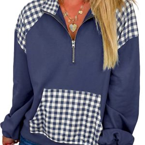 Plaid Women's Quarter Zip Sweatshirt, Casual Daily Pullover - Main View