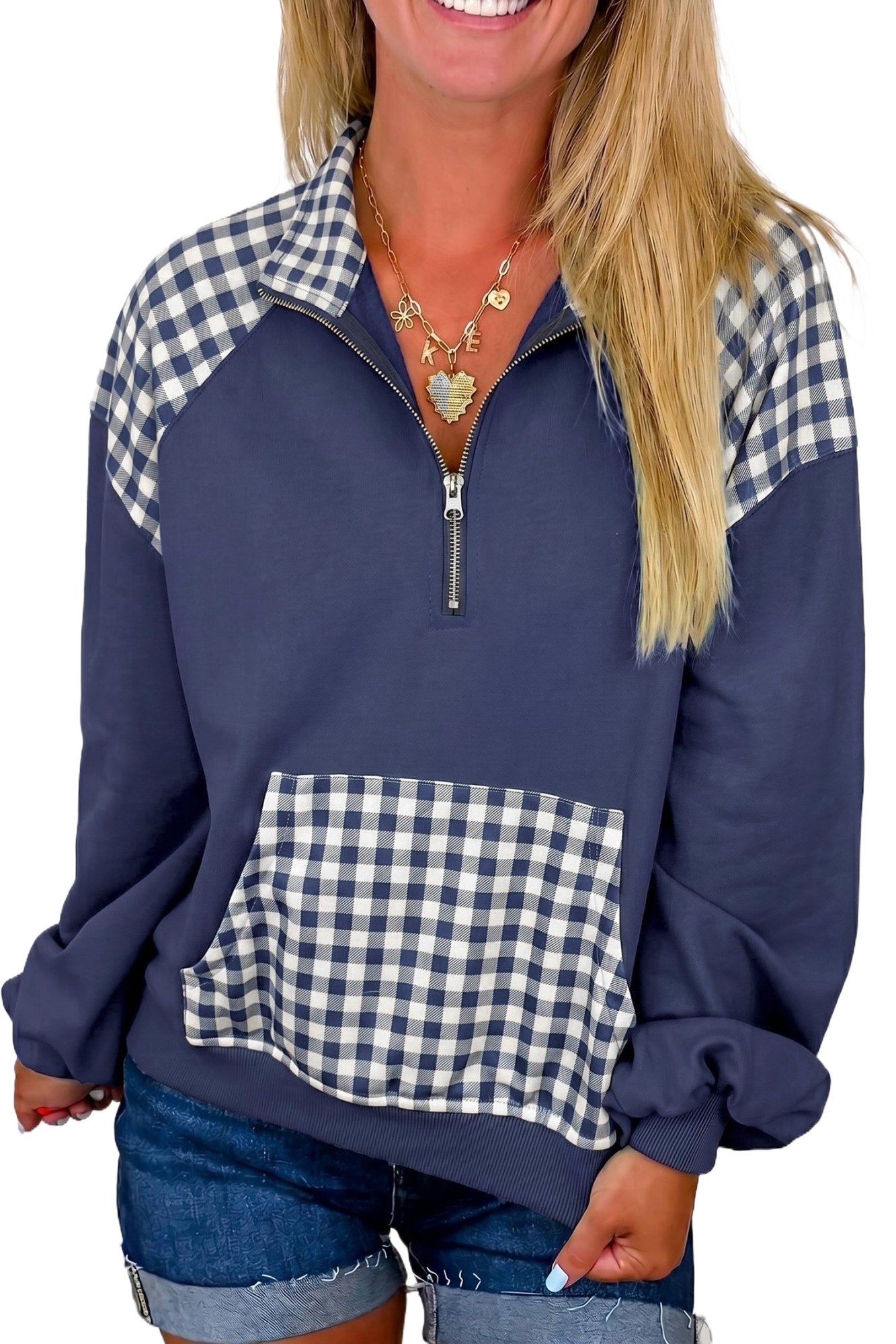 Plaid Women's Quarter Zip Sweatshirt, Casual Daily Pullover - Main View