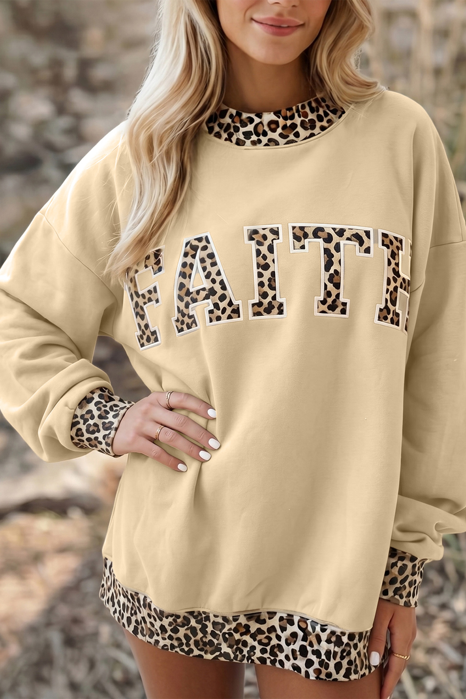 Oversized Mock Neck Sweatshirt, Women Fall Leopard Pullover - Detail View 2