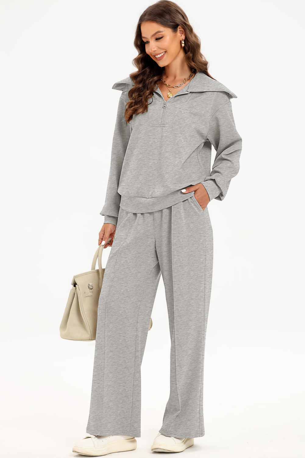 Grey Women's Athleisure Set, Sailor Collar Zip - Detail View 7