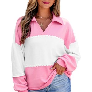 Rose Red Color Block Top, Ricrac Trim Casual V Neck - Main View
