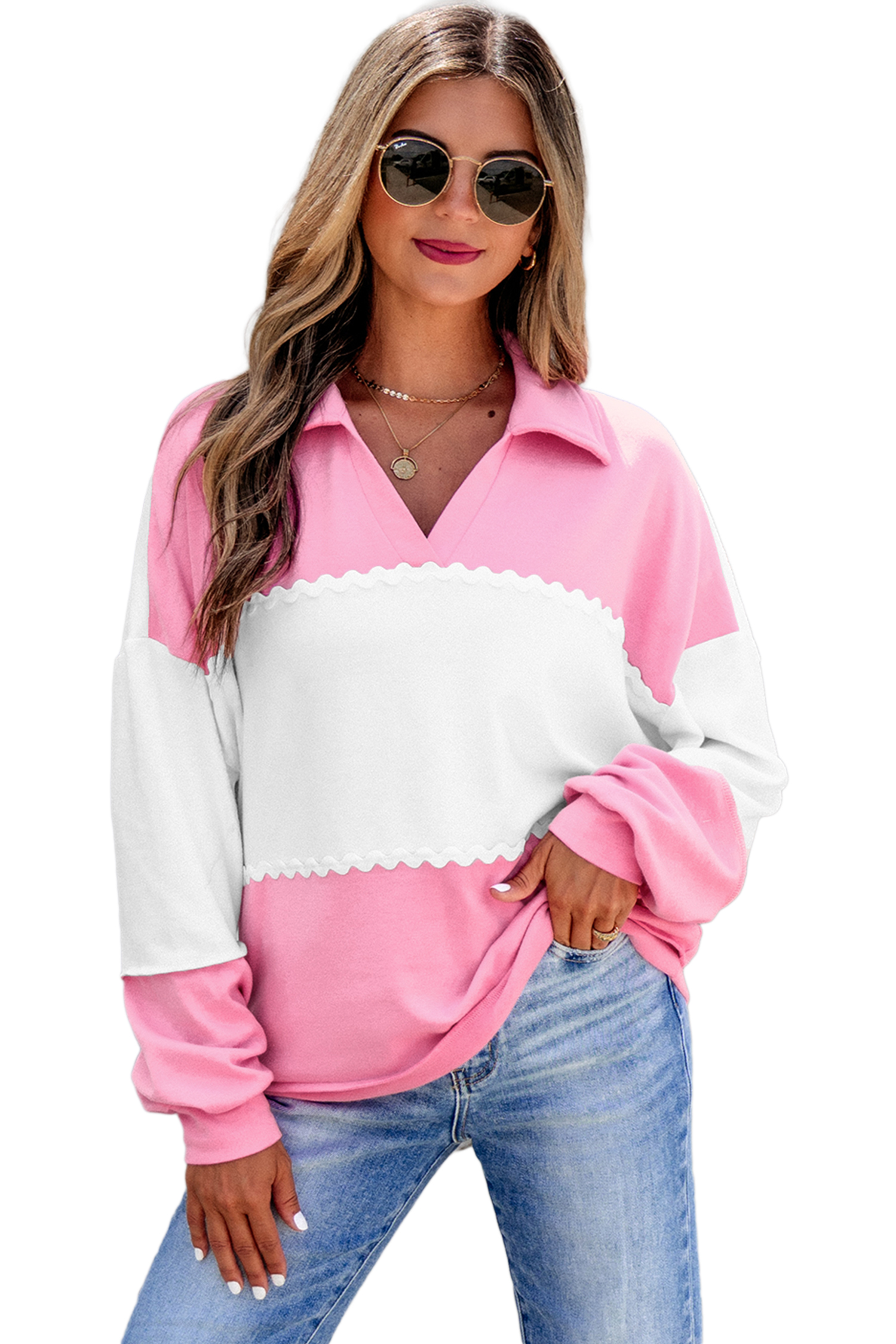 Rose Red Color Block Top, Ricrac Trim Casual V Neck - Main View