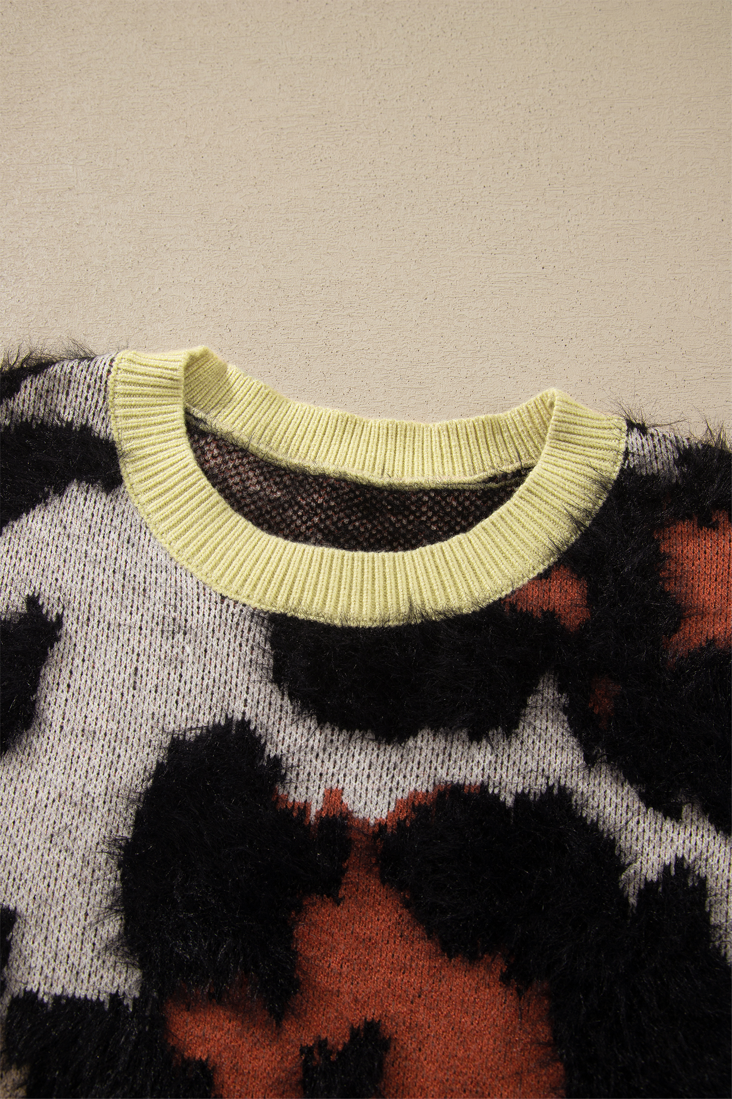 Women's Leopard Print Sweater, Khaki Casual Fall Pullover - Detail View 7