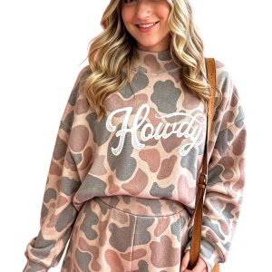Women's Howdy Camo Lounge Set, Western Style Long Sleeve Top - Main View