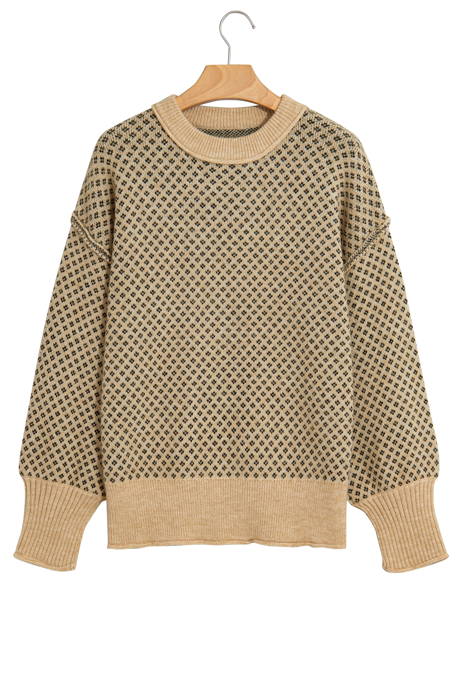 Womens Khaki Geometric Knit Sweater, Casual Daily Top - Detail View 7