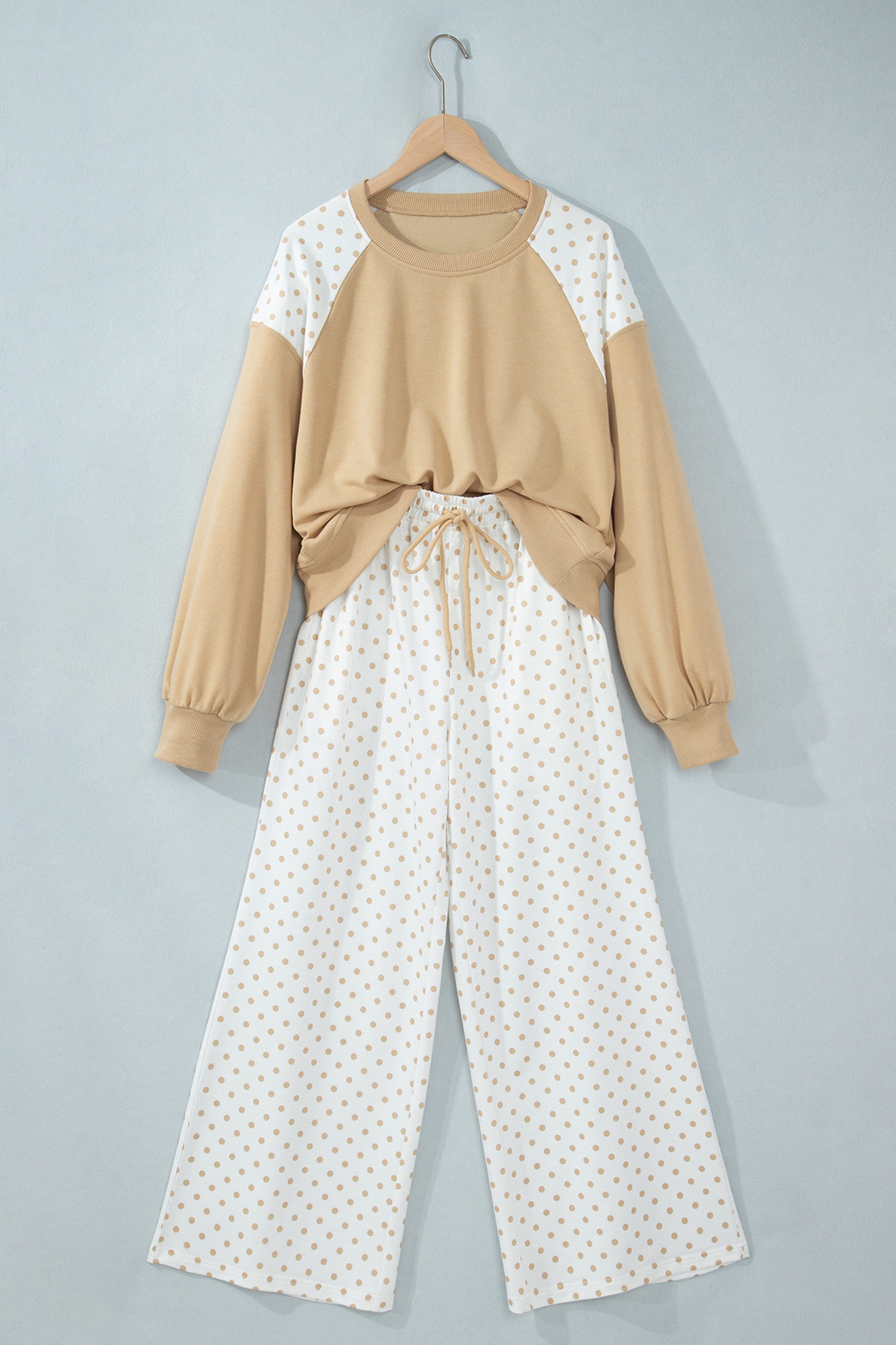 Casual Khaki Two Piece Set, Wide Leg Pants And Long Sleeve - Detail View 5