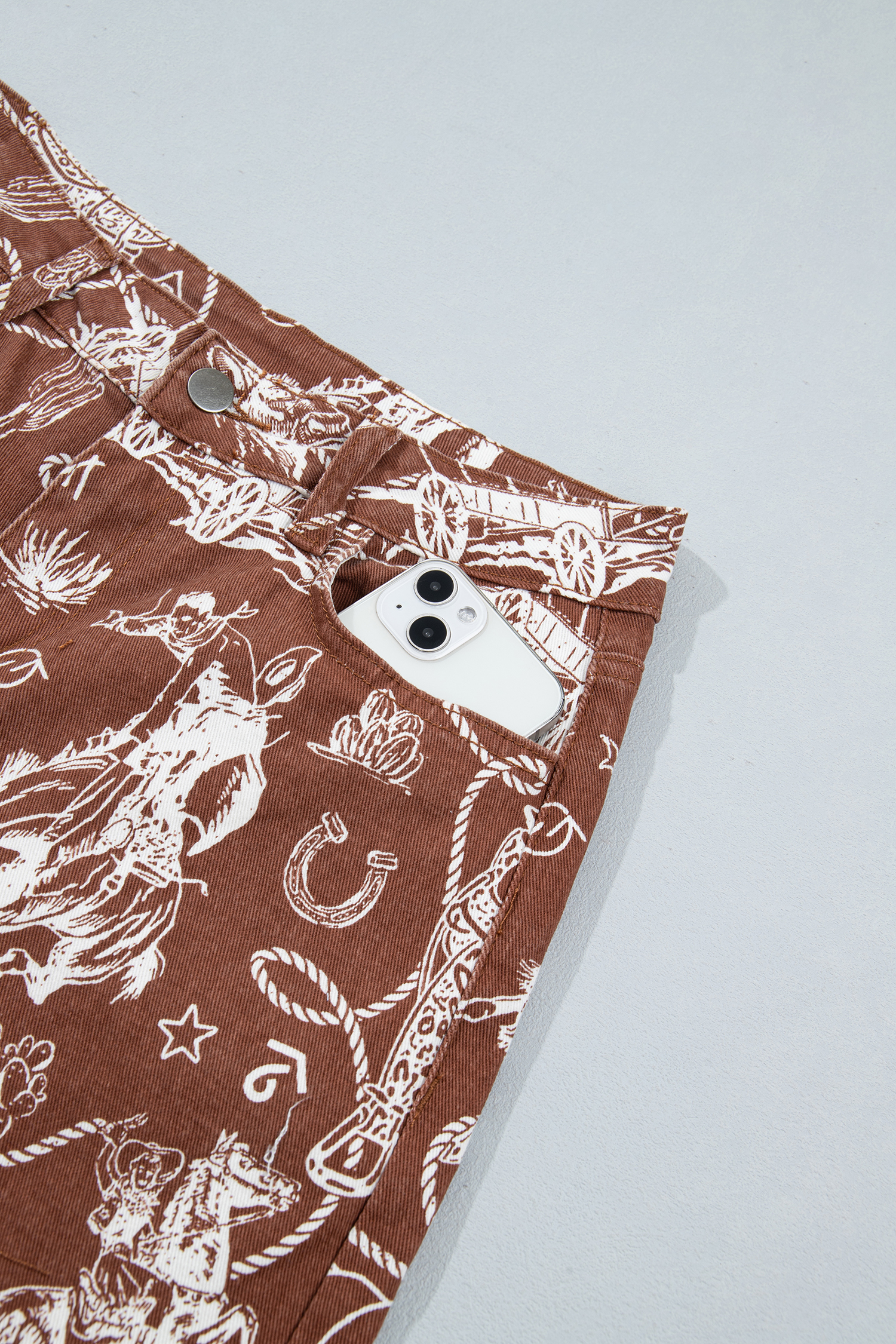 Wide Leg Western Jeans, Vintage Style Brown Printed Denim - Detail View 8