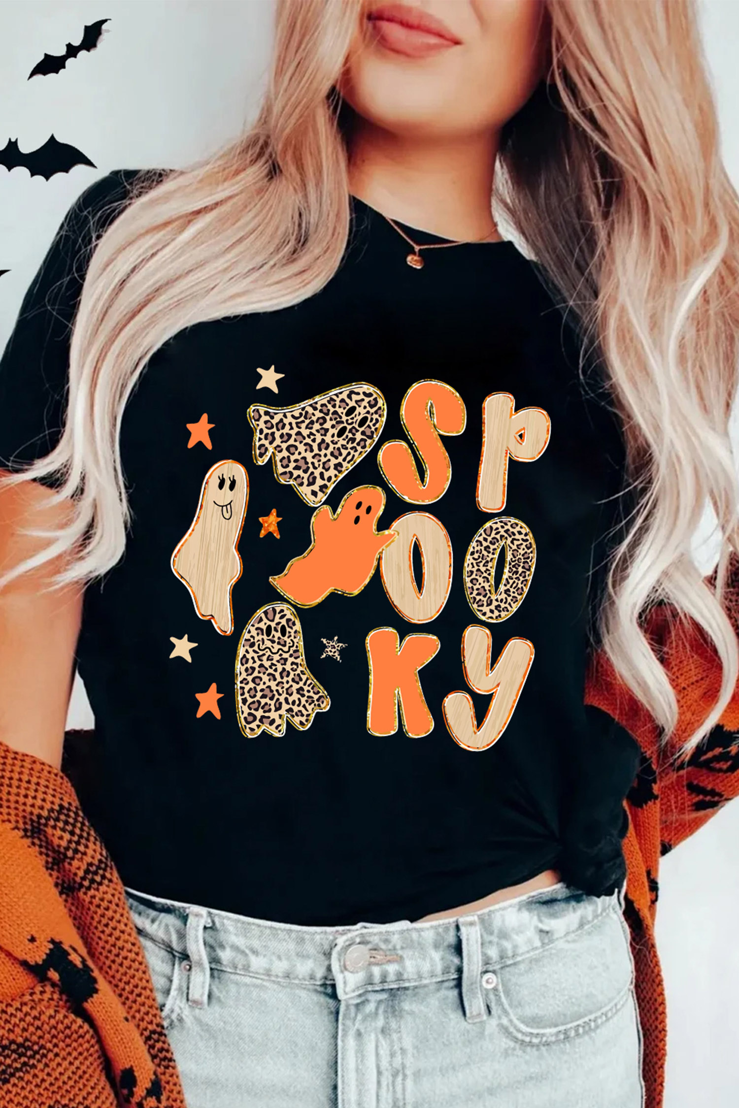 Black Halloween T Shirt, Spooky Ghost Casual Women Wear - Detail View 7