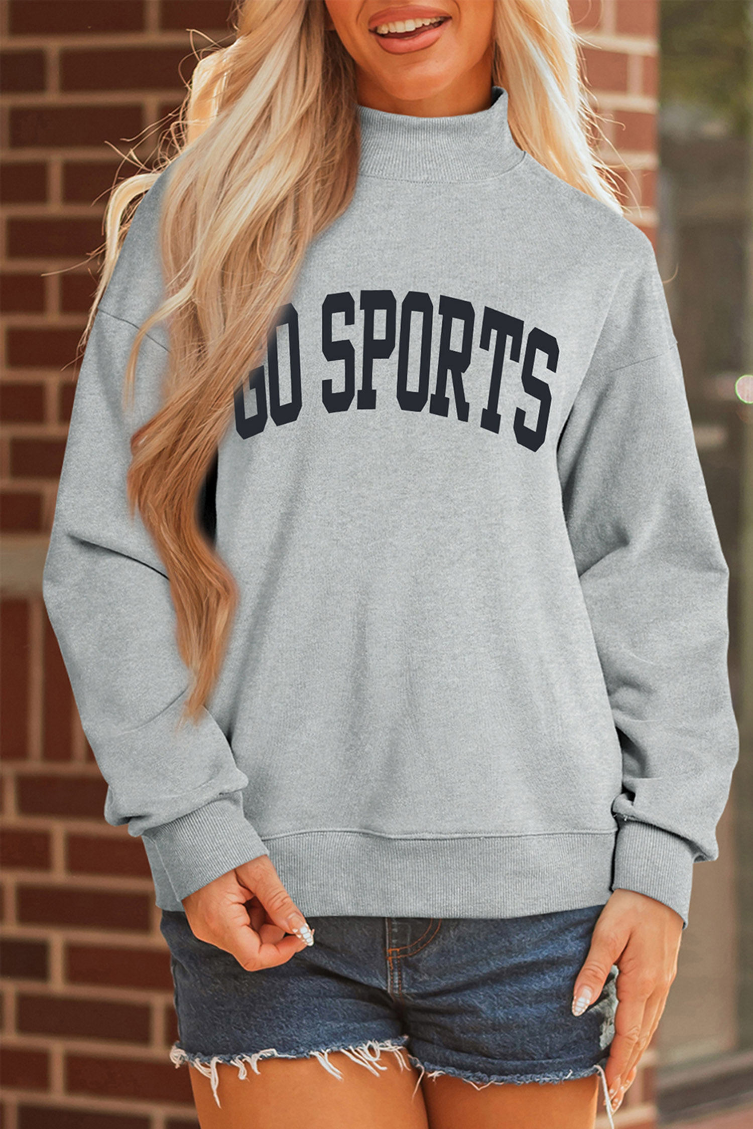 Women's Gray Mock Neck Sweatshirt, Casual Graphic Pullover - Detail View 7