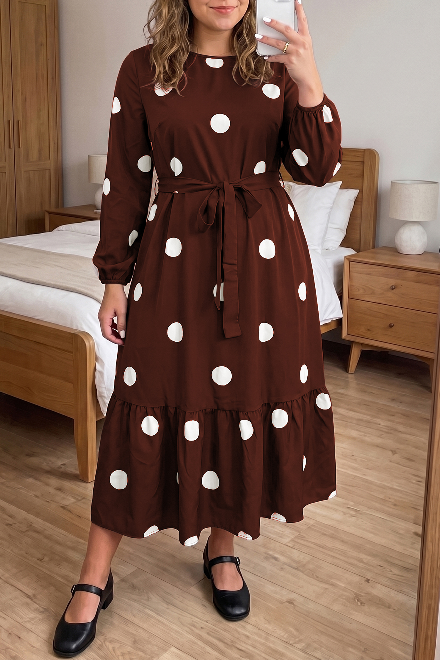 Plus Size Polka Dot Dress, Brown Long Sleeve Fall Maxi - Detail View 2