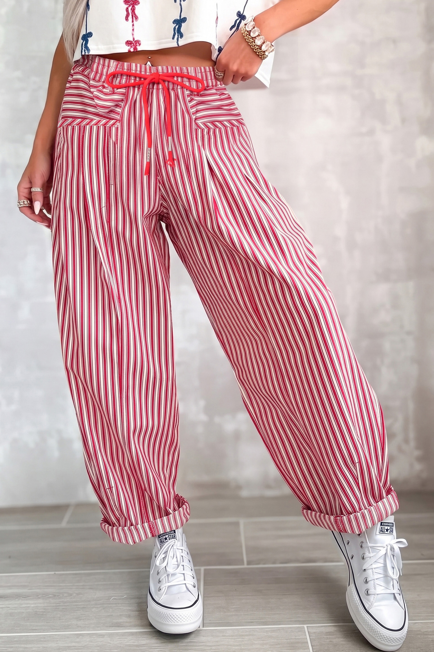 Women's Red Striped Pants, Casual Loose Drawstring Trousers - Detail View 7