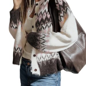 Women's Geometric Knit Cardigan, Apres-Ski Button Sweater - Main View