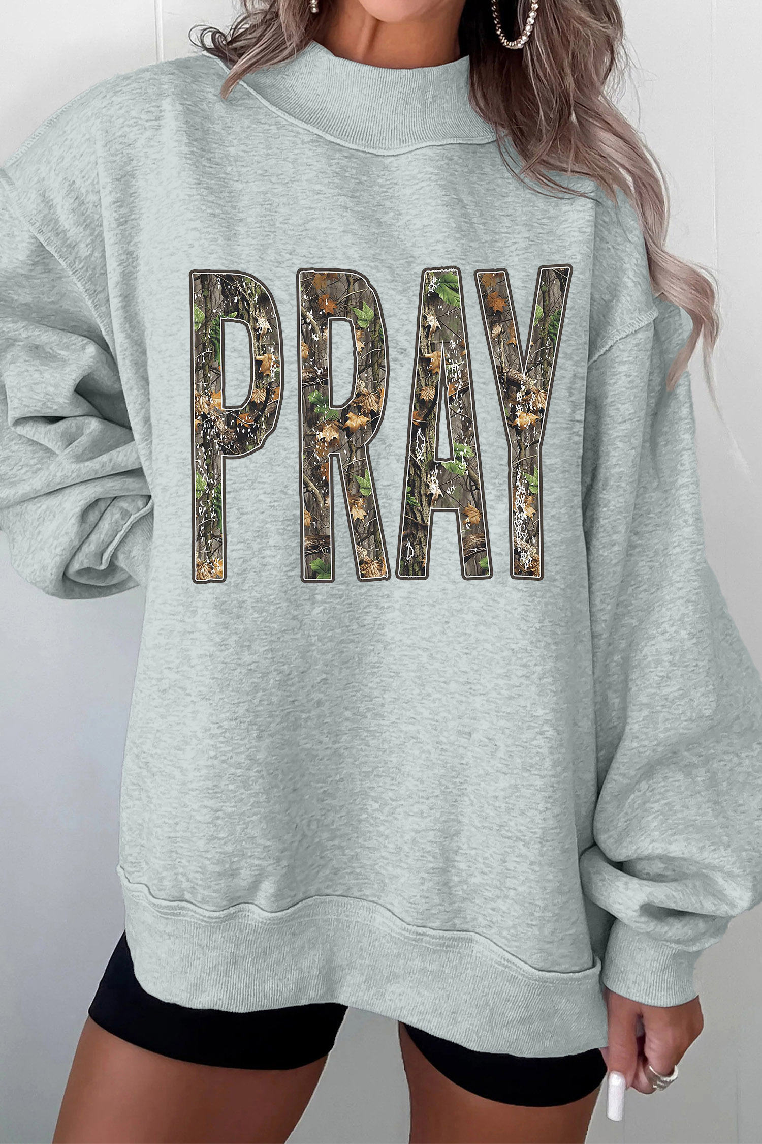 Grey Letter Print Sweatshirt, Women's Fall Long Sleeve Top - Detail View 5