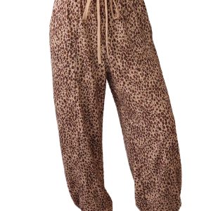 Women's Leopard Print Joggers, Casual High Waist Drawstring - Main View