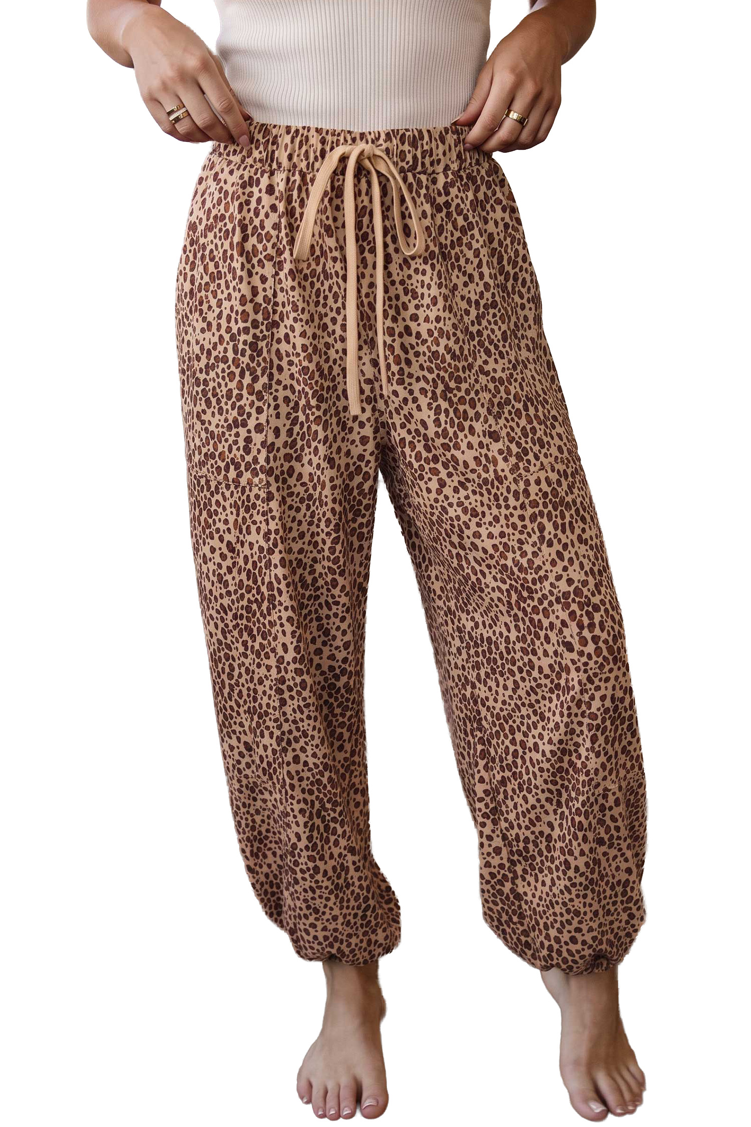 Women's Leopard Print Joggers, Casual High Waist Drawstring - Main View