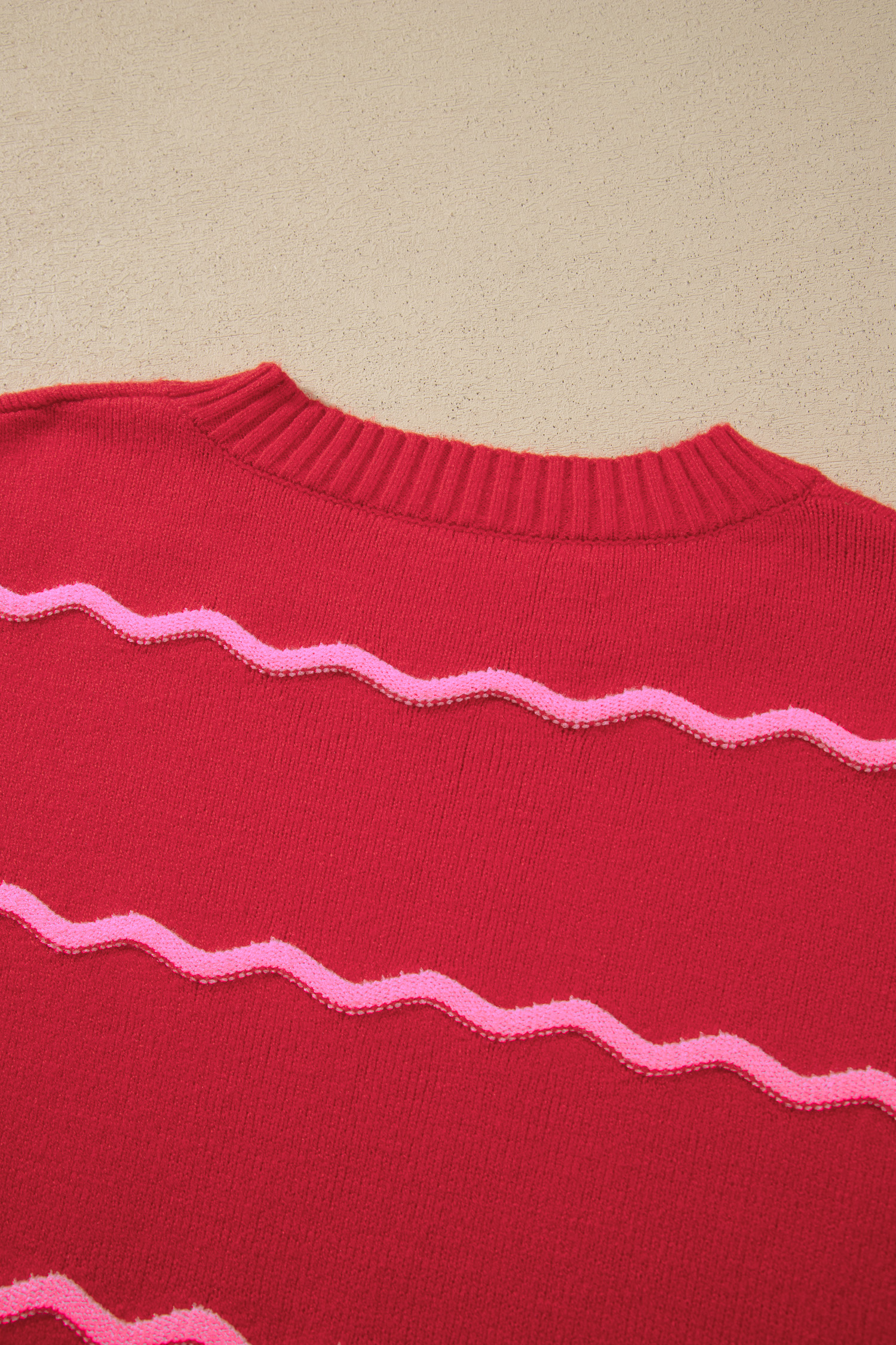 Red Stripe Pullover, Round Neck Fall Knit Sweater - Detail View 8