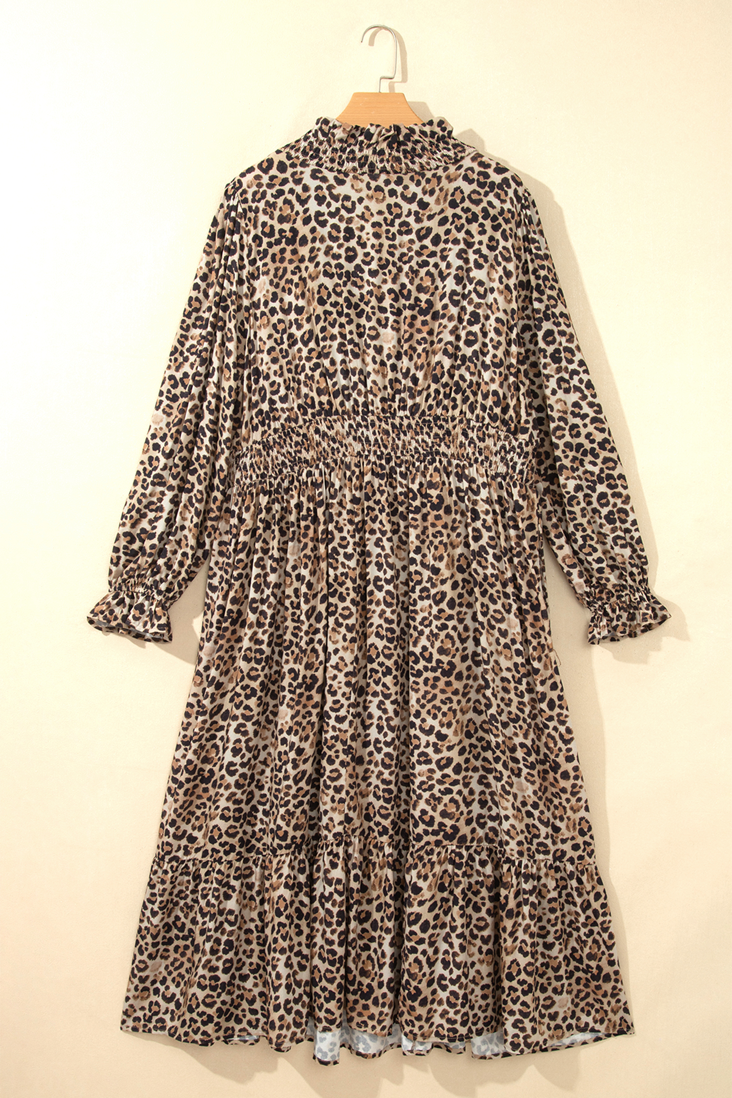 Women's Long Sleeve Dress, Flowy Brown Leopard Midi Outfit - Detail View 3