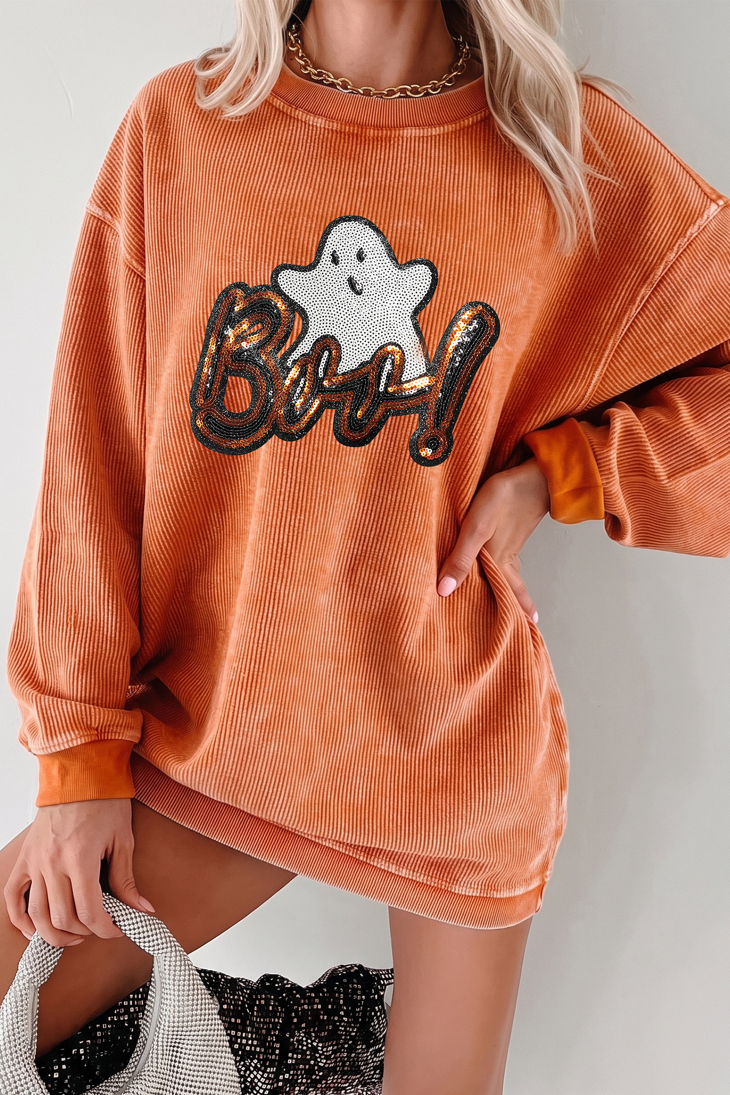Women's Sequin Ghost Corded Pullover, Autumn Round Neck Shirt - Detail View 2