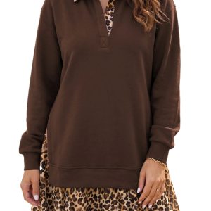 Women's Leopard Patchwork Dress, Casual Coffee Long Sleeve - Main View