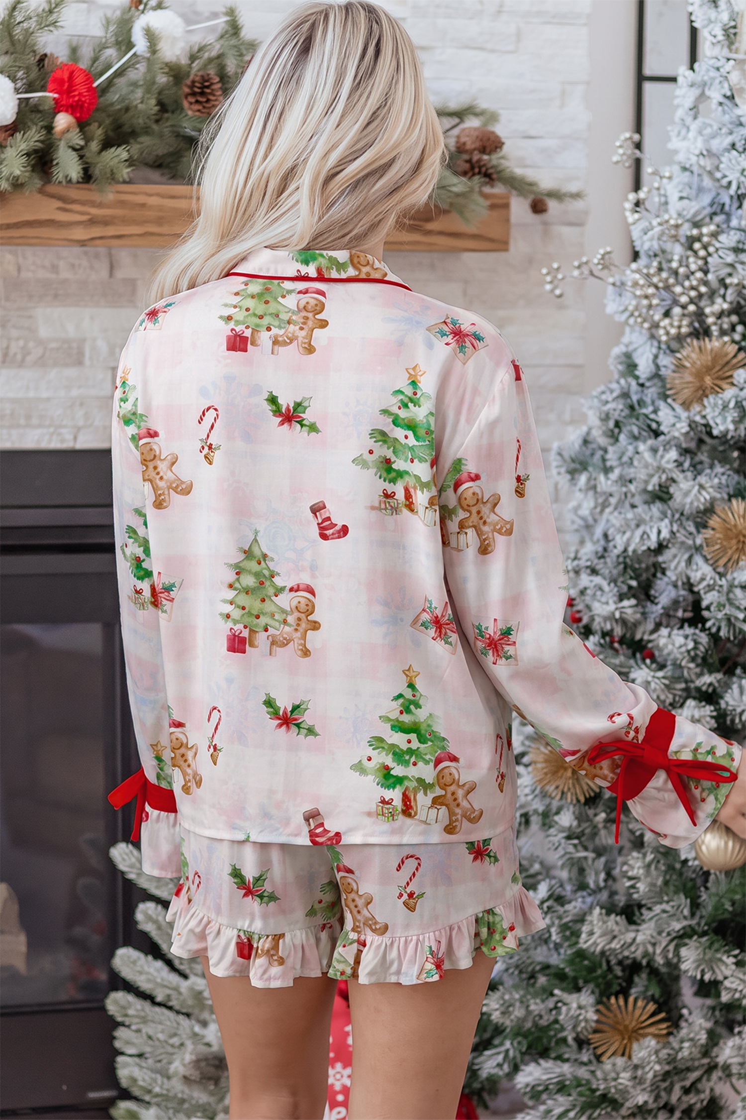 Women's Holiday Pajama Set, Pink Gingerbread Print - Detail View 2