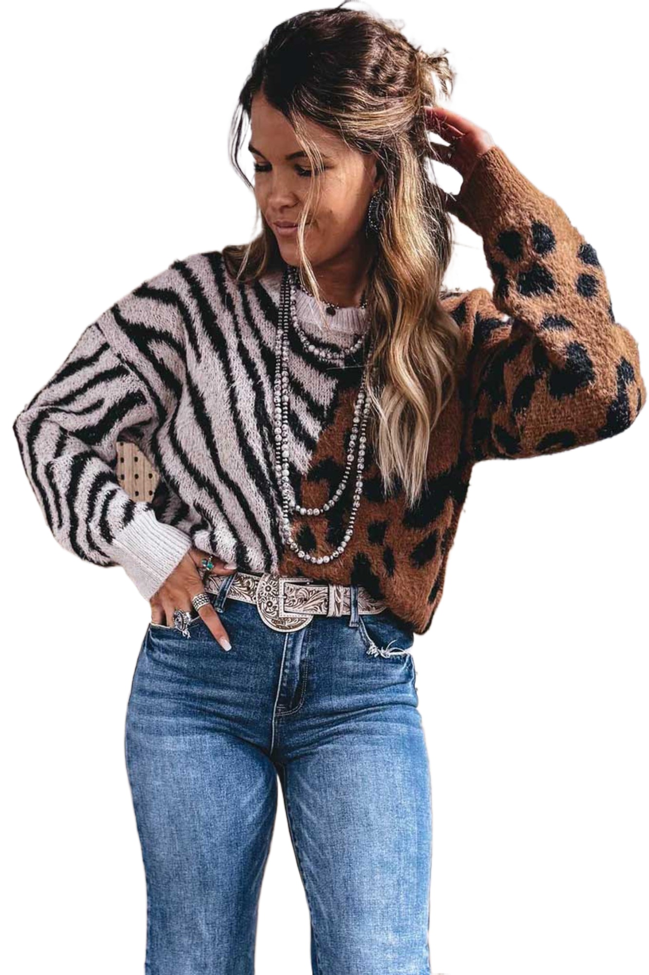 Women's Knit Sweater, Western Leopard Zebra Daily Coffee - Main View
