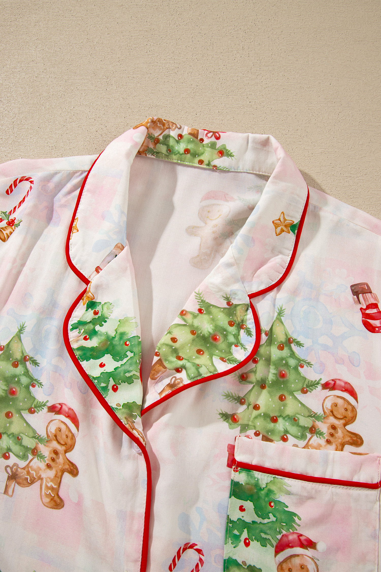 Women's Holiday Pajama Set, Pink Gingerbread Print - Detail View 17