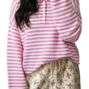 Women's Pink Striped Sweater, Casual Button Placket Pullover - Main View