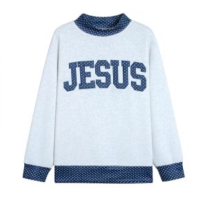 Women's Jesus Graphic Sweatshirt, Polka Dot Contrast Trim - Main View
