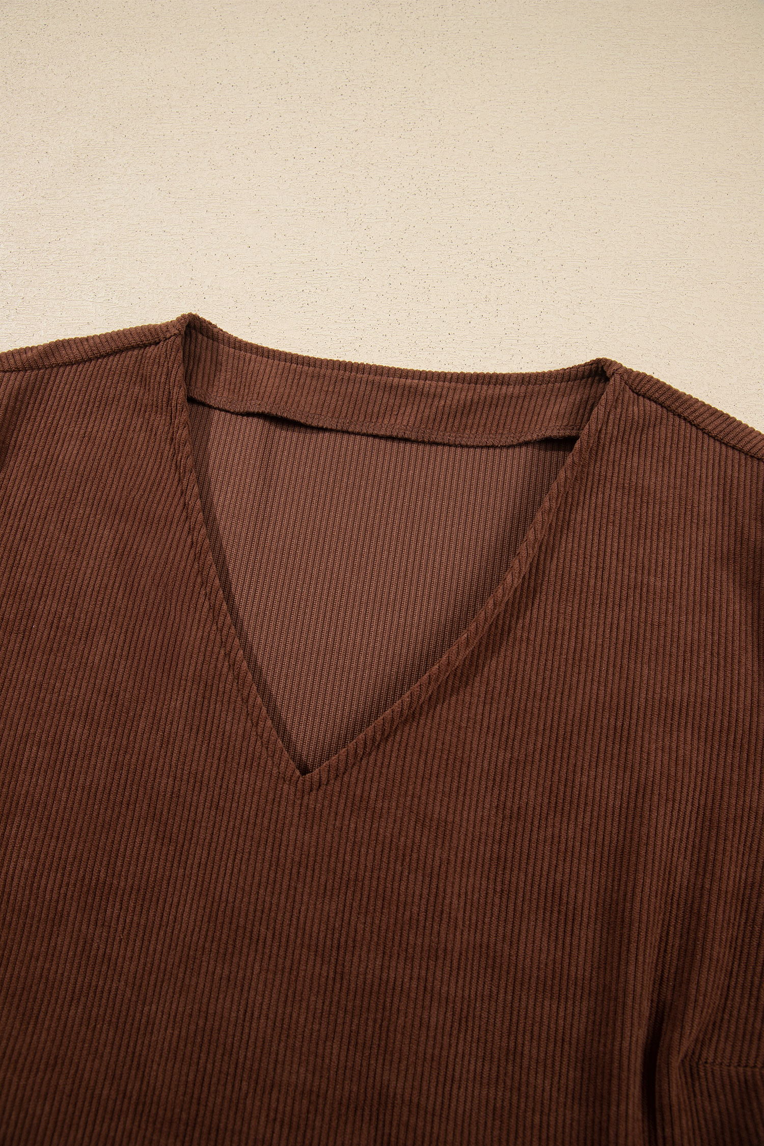 Women's Corduroy Mini Dress, Coffee V Neck Long Sleeve - Detail View 7