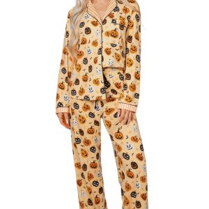 Women's Pumpkin Lounge Set, Halloween Long Sleeve Pajamas - Main View