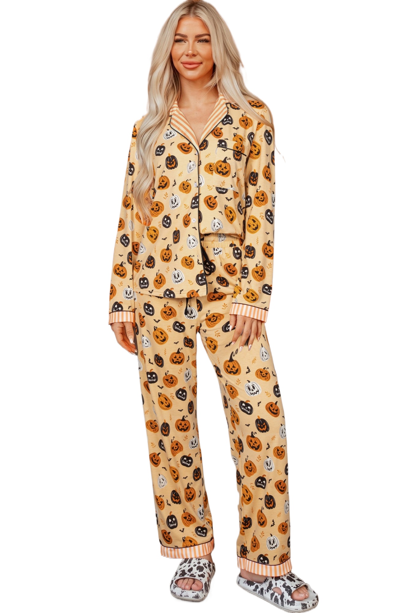 Women's Pumpkin Lounge Set, Halloween Long Sleeve Pajamas - Main View