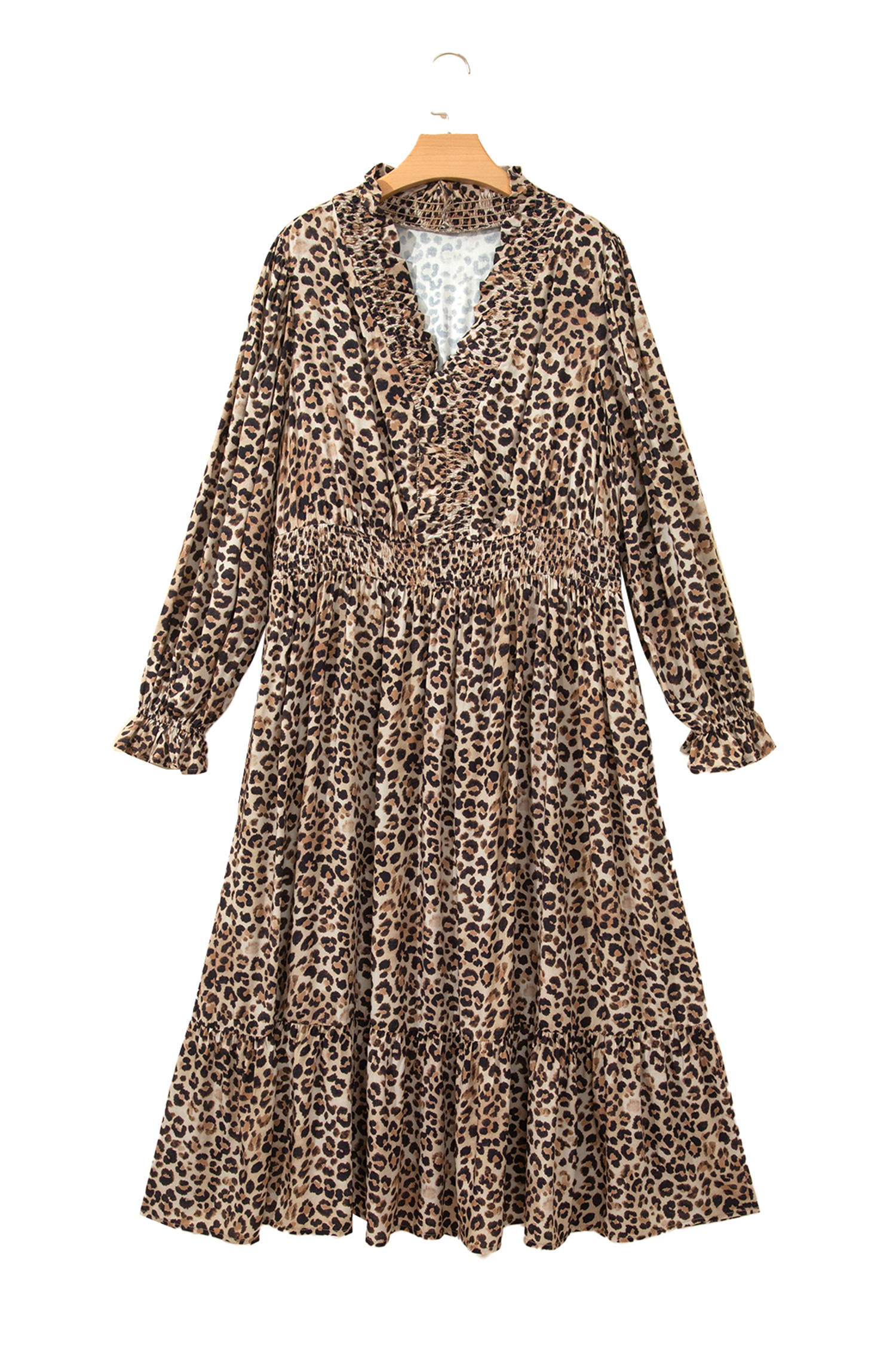 Leopard Print A Line Dress, Chic Gathered Waist Autumn Style - Detail View 2