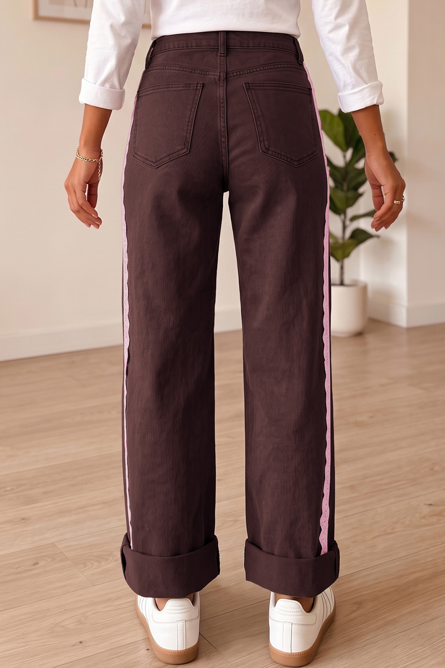 Side Lace Coffee Jeans, Women's Casual Straight Leg Denim - Detail View 5