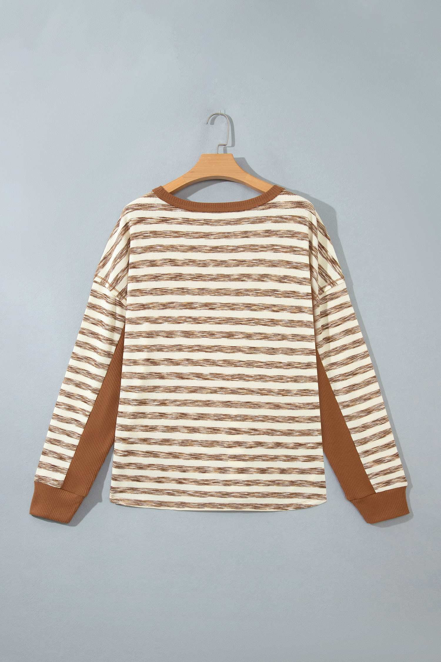 Women's Waffle Knit Top, Cozy Brown Stripe Long Sleeve Tee - Detail View 6