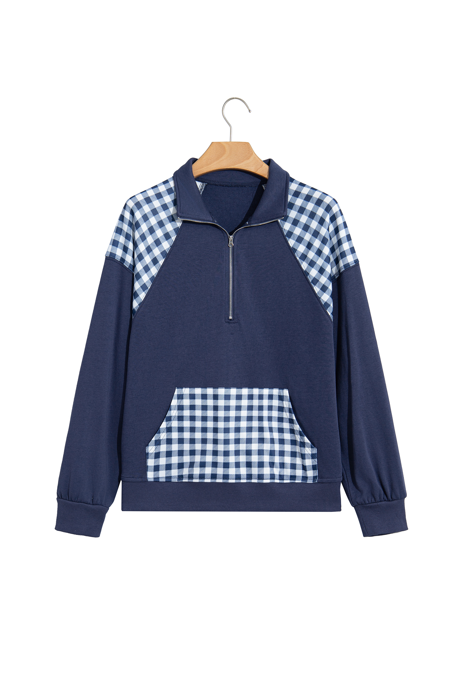 Patchwork Plaid Women's Sweatshirt, Navy Blue Casual Top - Detail View 2