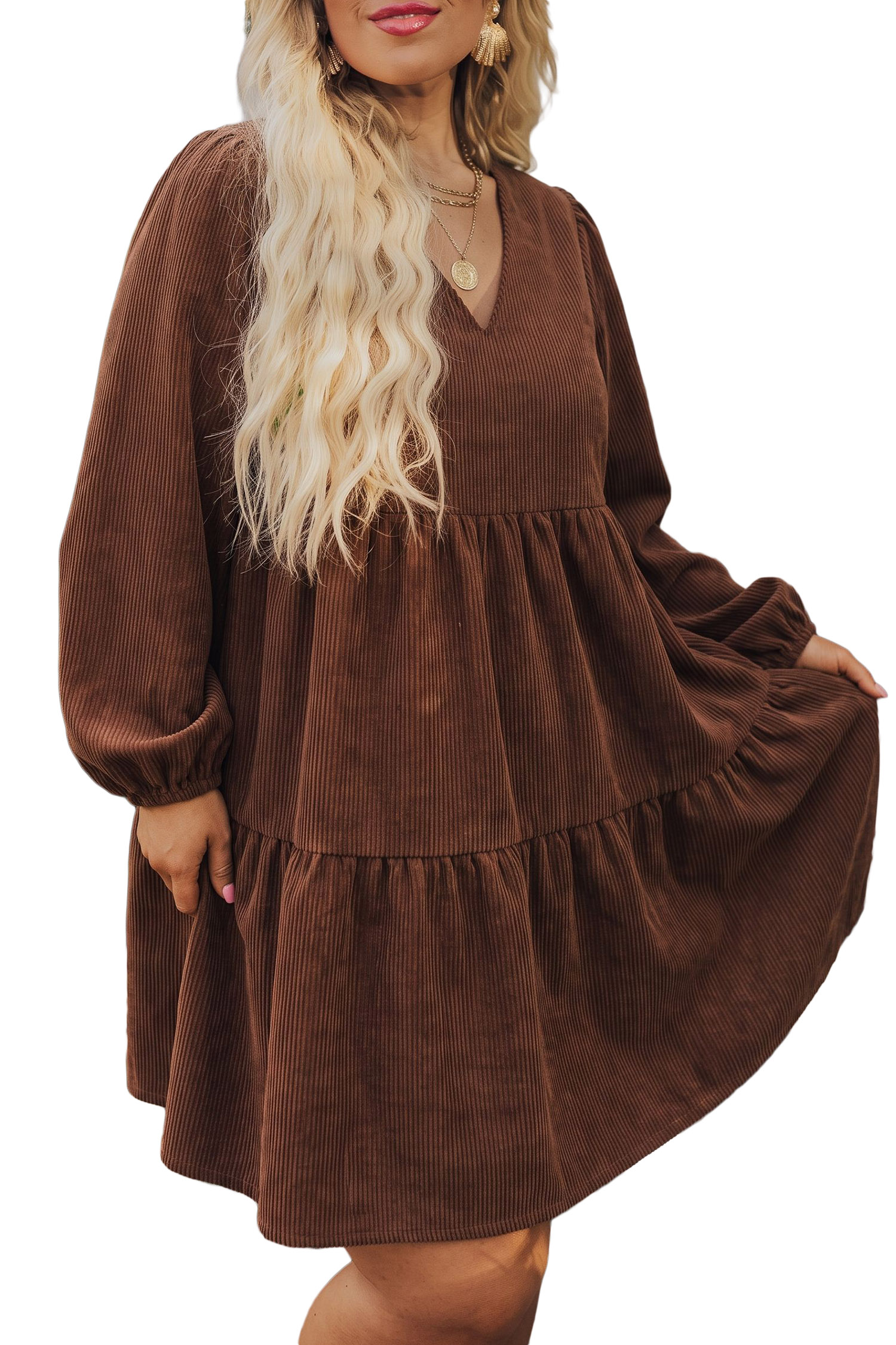 Tiered Corduroy Mini Dress, Casual Brown Long Sleeve Fall - Detail View 2