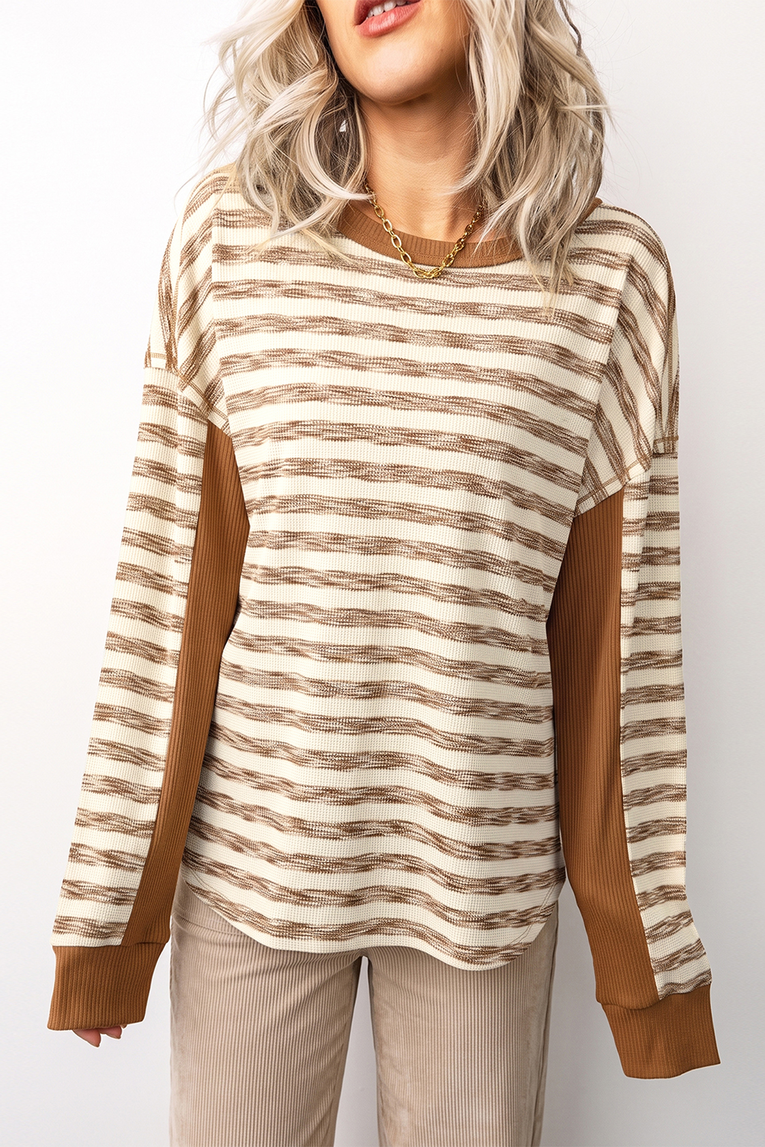 Women's Waffle Knit Top, Cozy Brown Stripe Long Sleeve Tee - Detail View 3