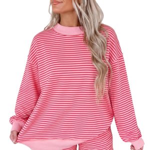 Women's Striped Pullover Shorts Set, Casual Daily Lounge Wear - Main View