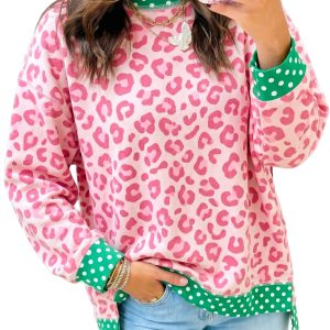 Women's Pink Leopard Long Sleeve Top, Casual Fall Crewneck - Main View